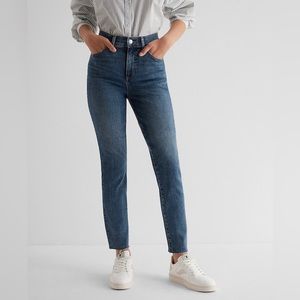 Express High Waisted Dark Wash Raw Hem '90s Skinny Jeans